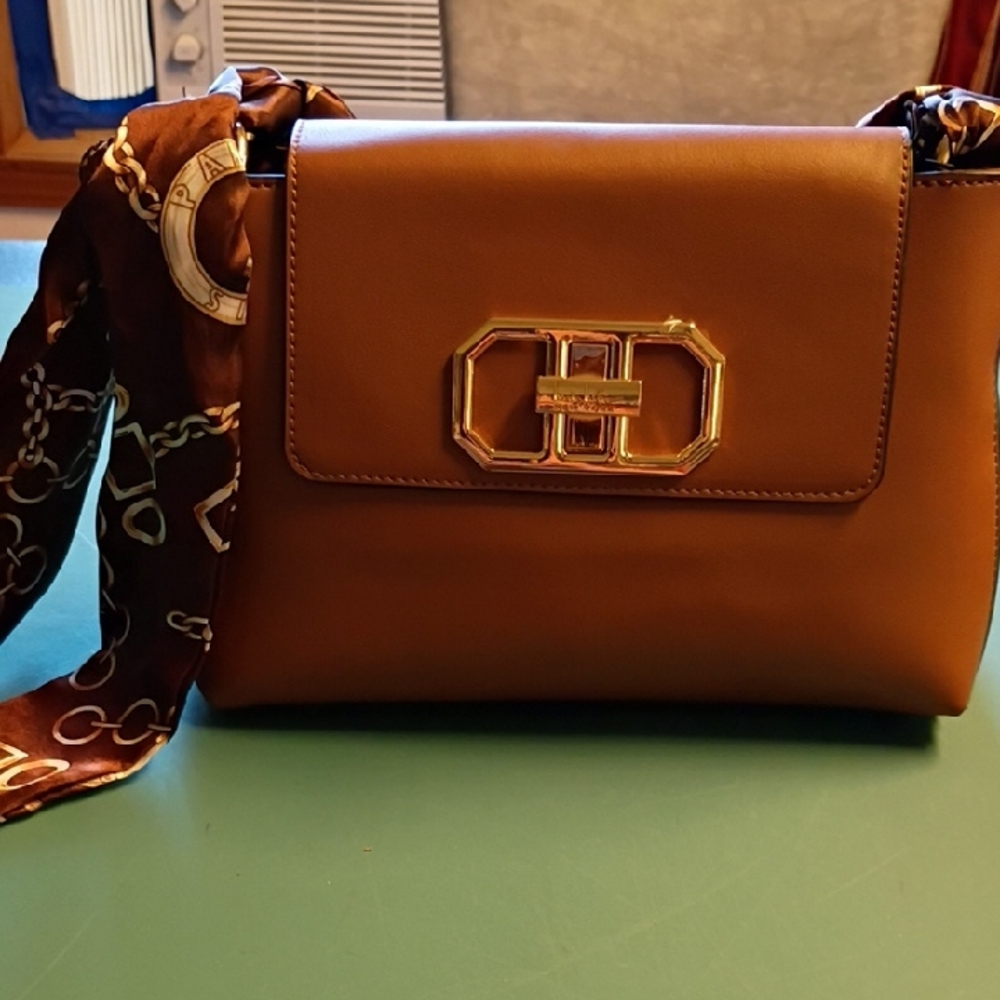 Chic Brown Wristlet Bag with Gold Accents Wrapped Handle NWT